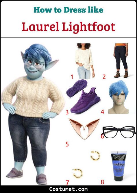 Onward Costume, Laurel Lightfoot, Pixar Animated Movies, Small Gold Earrings, Short Blue Hair, Woolen Sweater, Costume For Halloween, Blue Wig, Woolen Sweaters