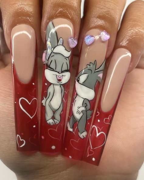 SAMMY🤍| COUPLAND, TX NAIL TECH💜 on Instagram: "BABY BUGS BUNNY N LOLA✨  In this set i used “U Got It Bad” and the New✨ Heart Charms  ONE MORE HOUR TILL 🚀 LAUNCH  Use Code: SAMMY💜 @nailzbydevshop   Lovers and friends collection 8 colors - $105 Mystical mushroom collection 10 colors - $150 ($280 normally individually) Trippy gel 15 ML jars- $25 each Quickie tips- $22 LED LAMP CHARMS  #launchday #nailzbydev #nailzbydevshop" Bugs Bunny Nails, Lola Bunny Nails, Baby Bugs Bunny, One More Hour, Bunny Nails, Baby Bug, New Heart, Bugs Bunny, Lovers And Friends