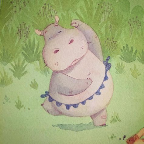 Hippo Hippo Drawing, Firefly Painting, Cartoon Hippo, Dancing Animals, Learn Watercolor Painting, Animal Illustration Art, Cute Hippo, Animal Mural, Funny Paintings