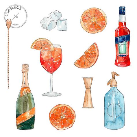 Good objects - Is it friday yet? 😬🍹 Illustrations for @panzapeople #aperol #aperolspritz #foodillustration #watercolorfood... Aperol Print, Good Objects, Is It Friday Yet, Is It Friday, Cocktail Illustration, Bottle Drawing, It Friday, Wine Bottle Design, Watercolor Food