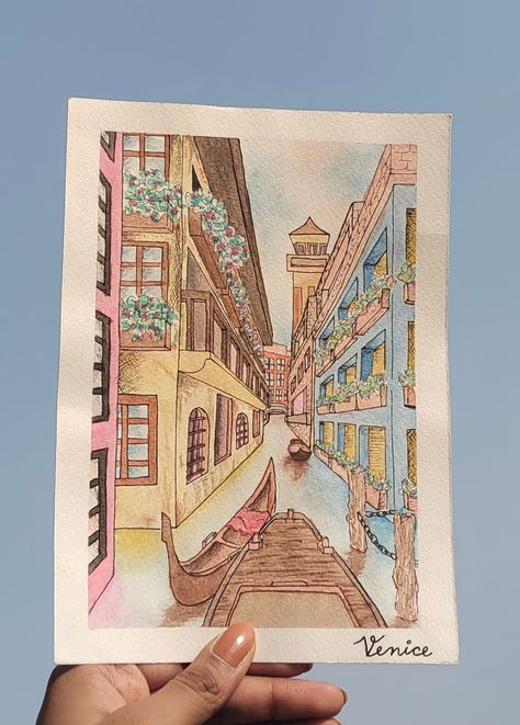 One Point Perspective Watercolor, One Point Perspective Street View, One Point Perspective Painting, One Perspective Drawing, One Point Perspective Drawing, 1 Point Perspective Drawing, 1 Point Perspective, Kawaii Cups, Watercolor City