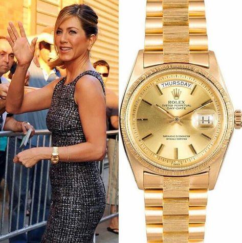 Jennifer Aniston & Rolex Yellow Gold Rolex Women, Jennifer Aniston Rolex Watch, Rolex Outfit Women, Gold Rolex Women, Watches Woman, Victorian Modern, Fashion Travel Outfit, Camera Man, Rolex Women