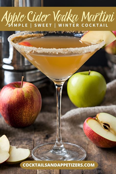 This Apple Martini uses vodka, apple cider and cinnamon to make the best fall cocktail for your party or happy hour! It's an autumn twist on a classic martini drink. Make by the glass or a pitcher for large batch martinis, this spiced martini can be garnished with cranberry or an apple slice! Great Christmas cocktail or New Year's alcoholic drinks. Apple Cinnamon Vodka Drinks, Fall Apple Martini, Apple Cinnamon Martini, Low Calorie Fall Drinks Alcohol, Apple Cider Martinis, Easy Fall Martini Recipes, Apple Cider Martini Vodka, Martini Recipes Fall, Fall Martini Cocktails