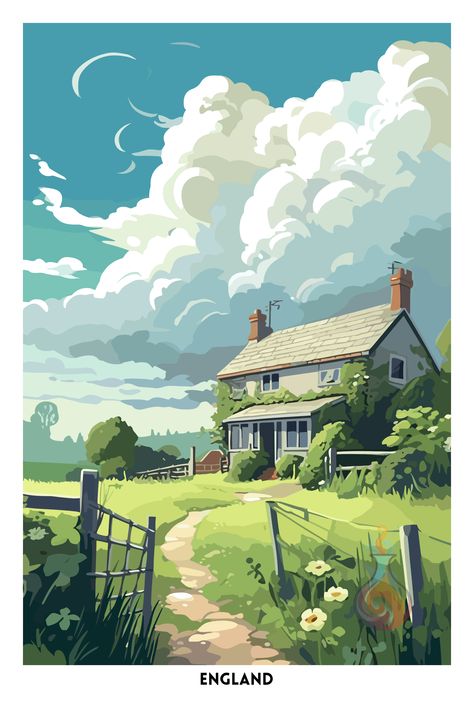 🏡️ Wonderful wall art, perfect for country house style decor! 😃🐑🐾 Vintage House Illustration, Cottage Illustration, Paris Wallpaper, Polygon Art, Travel Postcard, Country Style Homes, Fantasy Art Landscapes, Country House Decor, English Countryside