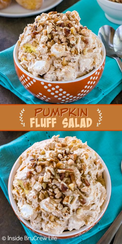 Pumpkin Fluff Salad - a fluffy pumpkin pudding with donut holes, pecans, and toffee bits stirred into it makes a great side dish or dessert. Easy fluff salad recipe to make for holiday dinners. Thanksgiving Jello Salad, Fluff Recipes, Desert Salads, Dessert Salad Recipes, Cookie Salad, Fluff Salad Recipes, Thanksgiving Fruit, Pumpkin Fluff, Fluff Salad