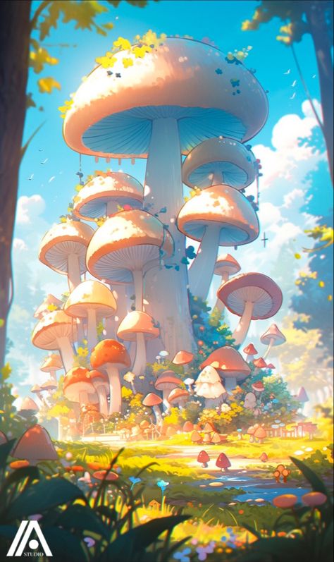 Mushroom Fantasy Forest, Forest Fairy Drawing, Mushroom Environment, Mushroom Forest Drawing, Campbell Soup Art, Mushroom Digital Art, Mushroom Castle, Mushroom Character, Road Drawing