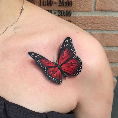 125+ Butterfly Tattoo Ideas for Depicting Transformation - Wild Tattoo Art Red Butterfly Tattoo, Realistic Butterfly Tattoo, Front Shoulder Tattoos, 3d Butterfly Tattoo, Butterfly Tattoo On Shoulder, Butterfly Tattoo Meaning, Small Butterfly Tattoo, Butterfly Tattoos For Women, 3d Tattoos