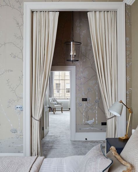 Sims Hilditch on Instagram: “Elegant, draped curtains hung from a door frame can be a softer way of separating two rooms. Each room can feel like a space of its own but…” Separate Rooms With Curtains, British Interior Design English Country, English Country Homes, Rooms Curtains, Bath London, Sims Hilditch, Country Cottage Living Room, British Interior Design, Narrow Lot House Plans