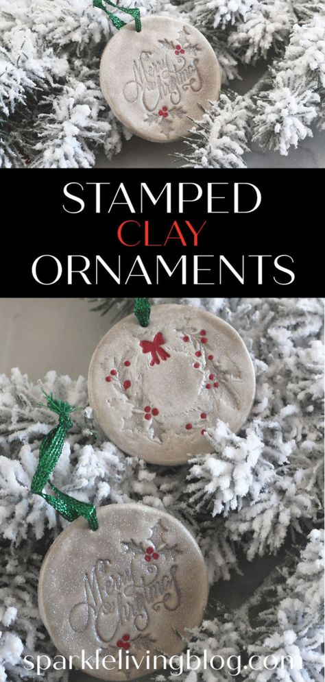 Use clay and rubber stamps to create these beautiful stamped clay Christmas ornaments with this easy tutorial! #sparklelivingblog #christmasornaments #christmascrafts #clay Christmas Clay Ornaments, Christmas Stamps Rubber, Stamped Clay, Clay Christmas Ornaments, Air Dried Clay, Candy Cane Crafts, Christmas Crafty, Dough Ornaments, Handmade Holiday Gifts