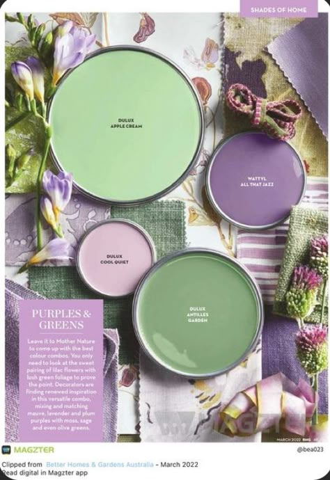 Sage Green And Purple Kitchen, Purple Green Decor, Sage Green And Purple Living Room, Purple Green And Gold Color Palette, Pink Green Purple Color Scheme, Purple Room Color Scheme, Sage Green And Lilac Bedroom, Purple Cottagecore Bedroom, Green And Lavender Aesthetic