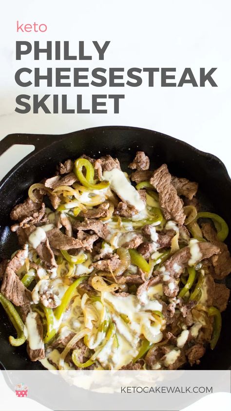 This super easy keto Philly Cheesesteak brings all the flavor without the carbs! Super easy weeknight meal! #keto #lowcarb #dinner #phillycheesesteak #skillet #glutenfree #grainfree Keto Philly Cheesesteak Skillet, Philly Cheesesteak Skillet, Cheesesteak Skillet, Keto Philly Cheesesteak, Expensive Steak, Beef Skillet, Philly Cheese Steak Recipe, Cheesesteak Recipe, Easy Skillet Meals