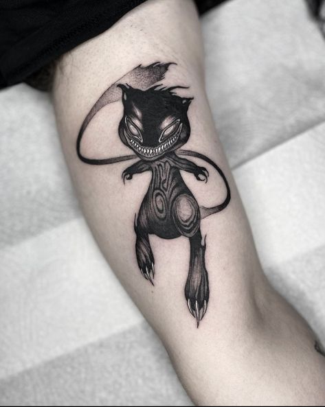 Evil Mew, Pokemon Tattoo, black work Zombie Pokemon Tattoo, Horror Pokemon Tattoo, Evil Pokemon Tattoo, Creepy Pokemon Tattoo, Scary Pokemon Tattoo, Dark Pokemon Tattoo, Mew Pokemon Tattoo, Imp Tattoo, Tattoo Dark Work