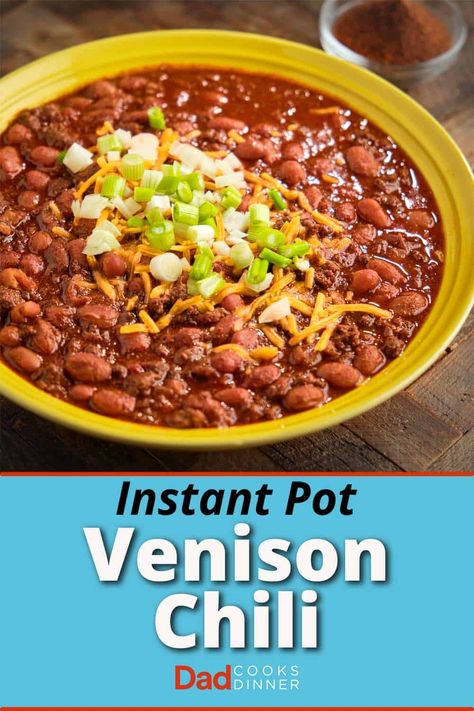 Instant Pot Venison Chili. Pressure cooking turns ground venison and dry pinto beans into chili in about an hour. #InstantPot #InstantPotRecipe #PressureCooker #PressureCookerRecipe @InstantPotOfficial Instant Pot Venison Chili, Venison Chili Instant Pot, Ground Venison Chili, Venison Chilli, Ground Venison Recipes, Dry Beans Recipe, Chili Without Beans, Quick Chili, Venison Chili