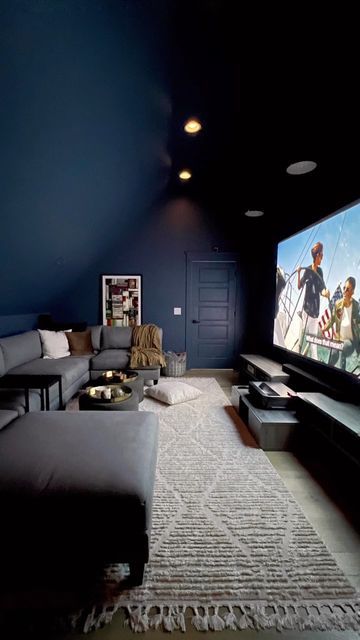 Loft Ideas Upstairs Media Room, Basement Movie Room Paint Colors, Blue Cinema Room, Navy Cinema Room, Navy Blue Movie Room, Blue Theater Room, Dark Cinema Room, Navy Blue Media Room, Navy Blue Theater Room