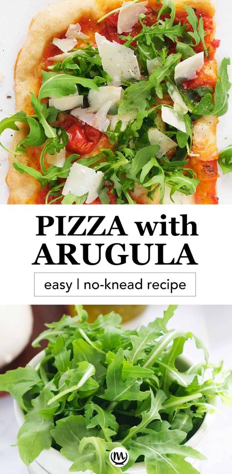 This crispy pizza with arugula is topped with tomato sauce, creamy mozzarella, fresh arugula and delicious shaved parmesan cheese. It's packed with flavor and so easy to make! #pizzarecipes #pizzadoughrecipes #arugularecipes Arugula Pizza Recipes, Pizza With Arugula, Feta Pizza, Parmesan Pizza, Crispy Pizza Crust, Arugula Pizza, Arugula Recipes, Shaved Parmesan, Italian Pizza Recipe