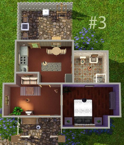 small and cute sims 3 home Sims 3 Inspiration, Sims Small House Layout, Sims 3 Small House, Cute Sims, Sims 2 House, Sims 4 Houses Layout, Sims 4 House, House Plans With Photos, Little House Plans