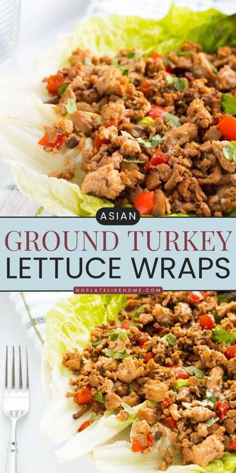 These Asian Ground Turkey Lettuce Wraps are an easy low-carb dinner with ground turkey, mushrooms, red bell peppers, and garlic. This healthy dinner recipe also makes a simple lunch idea for the family. Save this pin! Dinner With Ground Turkey, Asian Ground Turkey, Crockpot Ground Turkey, Ground Turkey Lettuce Wraps, Asian Turkey Lettuce Wraps, Easy Spring Recipes, Asian Lettuce Wraps, Gluten Free Turkey, Turkey Lettuce Wraps