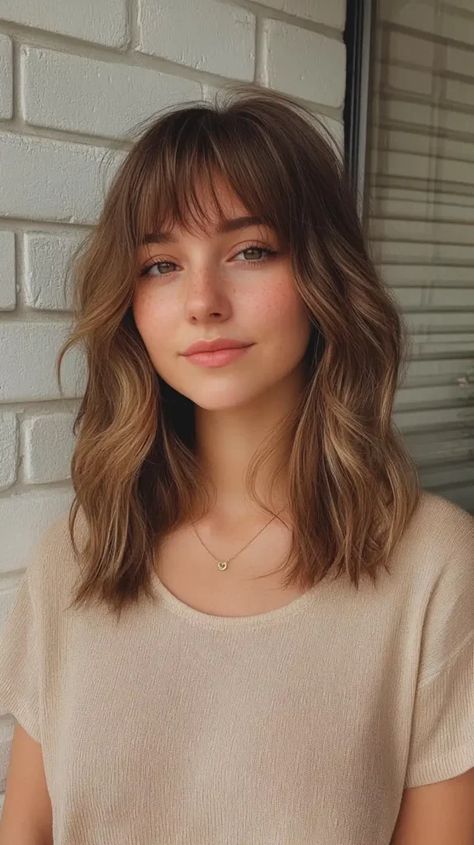 15 Hairstyles for Medium Length Hair: Stylish Ideas for Every Occasion Medium Haircut No Bangs, Bangs Brunette Medium Hair, Haircuts Bangs Medium Straight, Mid Length Haircut With Bangs And Layers, Layered Midlength Cut, Medium Length Haircut With Bangs Round Face, Mid Length Bangs Hairstyles, Medium Length Hair With Layers With Bangs, Mid Length Hair With Layers Curtain Bang