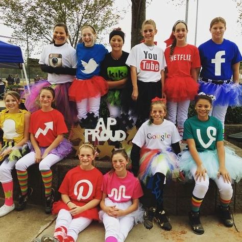 50 Bold And Cute Group Halloween Costumes For Cheerful Girls | EcstasyCoffee Social Media Halloween Costumes, Halloween Costumes For Softball Team, Softball Costumes For Tournament, Team Halloween Costumes Softball, Softball Team Costume Ideas, Halloween Softball Tournament Costumes, Softball Halloween Team Costumes, Softball Team Halloween Costume Ideas, Softball Costumes