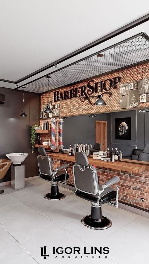 Barbershop And Salon Design, Barbershop Small Space, Barber Shop Decor Ideas Interior Design, At Home Barber Station, Small Barbershop Ideas, Barbershop Decor Ideas, Barber Salon Design, Barber Shop Design Interior, Home Barber Shop Ideas