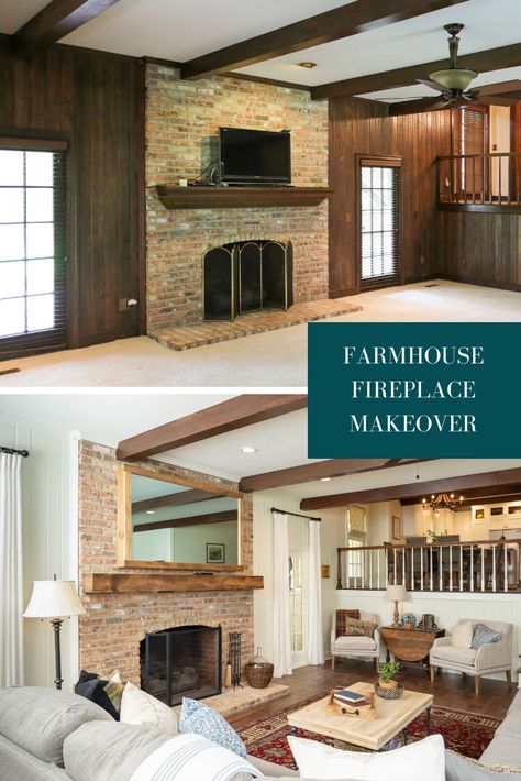 Farmhouse Fireplace Makeover, Rustic Farmhouse Fireplace, Wood Paneling Makeover, Paneling Makeover, Living Colors, House Before And After, Home Remodeling Contractors, Farmhouse Fireplace, Home Remodeling Diy