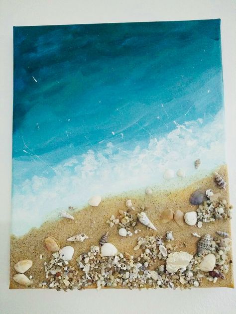 Canvas Painting Ideas Sea Beach Art, Beach Painting With Shells, Painting With Shells On Canvas, Beach Sand Painting, Sea Shell Canvas Art, Sea Shell Painting On Canvas, Seashell On Canvas, Seashells On Canvas, Sea Shells Painting