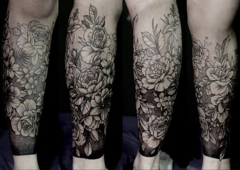 Half leg tattoo Flower Leg Tattoo Men, Leg Tattoos Men Lower Calf, Calf Tattoo Sleeve, Half Leg Sleeve Tattoo Calf, Womens Shin Tattoo, Calf Flower Tattoo, Tattoo Ideas Female Leg Sleeve, Half Leg Sleeves For Females, Leg Tattoos Women Lower Calf