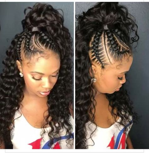 Cheerleading Hairstyles Black Hair, Feed In Ponytail Braids With Curls, Halfway Braids Hairstyles, Up Down Hairstyles For Black Women, Feed In Braids Hairstyles Updos, Braided Ponytail With Curls, High Ponytail Hairstyles For Black Women, Half Cornrows Half Curly Weave, Half Braids Half Sew In Weave