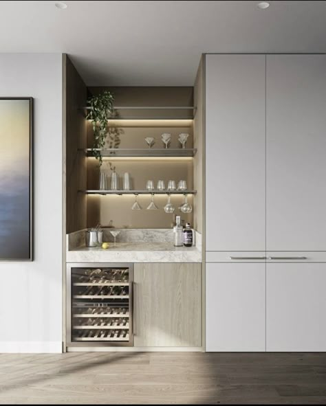 Wine Mini Bar, Wine Bar Cabinets, Ikea Cabinet Bar Hack, Wine Nook In Kitchen, Living Room Wine Cabinet, Modern Bar In Living Room, Wall Bar Living Room, Mini Bar Dining Room, Built In Wine Shelf