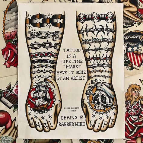 Trad Barbed Wire Tattoo, American Traditional Tattoos Barbed Wire, Old School Chain Tattoo, Traditional Chain Tattoo Design, American Traditional Chain Tattoo, American Traditional Barbed Wire, Chain Tattoo Men, Traditional Barbed Wire Tattoo, Traditional Chain Tattoo