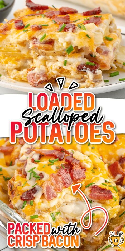 Bacon Loaded Scalloped Potatoes Breakfast Scalloped Potatoes, Sliced Loaded Potatoes In The Oven, Loaded Au Gratin Potatoes, Loaded Scalloped Potato Casserole, Cheese And Bacon Potatoes, Cheesy Bacon Scalloped Potatoes, Potato Bacon Onion Bake, Bake Potato Casserole Loaded, Au Gratin Potato Casserole