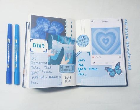 Blue Theme Journal Ideas, Blue Scrapbook Ideas, Scrapbook Spreads, Instagram Scrapbook, Scrapbooking Idea, Blue Journal, Blue Scrapbook, Bulletin Journal, Cute Scrapbooks