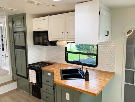 Renovate Camper, Butcher Block Cabinets, Before After Renovation, Rv Kitchen Remodel, Bedroom Mattress, Motorhome Remodel, Rv Interior Remodel, Rv Bedroom, Lantern Tile