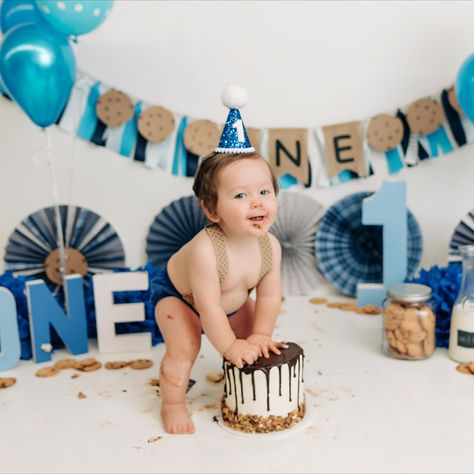 Cookies And Milk Smash Cake, Milk And Cookies First Birthday Party, Milk And Cookies Cake Smash, Cookies And Milk Photoshoot, Cookie Smash Cake, One Sweet Boy Birthday, One Tough Cookie Birthday Party, Milk And Cookies Cake, Cookies Photoshoot