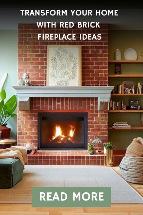 Cozy living room with a lit fireplace, red brick surround, decorative mantel, and comfortable seating area with a green wall in the background. Red Brick Fireplace With White Mantle, Red Brick Fireplace Makeover Ideas, Red Brick Fireplace Christmas Decor, Living Room With Red Brick Fireplace, Red Brick Fireplace Ideas, Red Brick Fireplace Decor, Red Brick Fireplace Living Room, Old Fireplace Makeover, Red Brick Fireplace Makeover