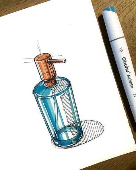 Alcohol Marker Product Sketch, Glass Marker Drawing, How To Draw A Bottle, Object Design Sketch, Daily Objects Sketches, Ohuhu Markers Art, Objects To Draw, Bottle Sketch, Industrial Drawing