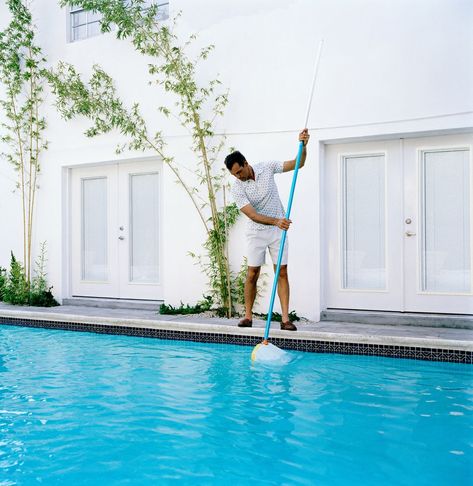 Man cleaning out swimming pool Pool Business, Pool Cleaning Tips, Safe Pool, Swimming Pool Cleaning, Pool Stuff, Fiberglass Swimming Pools, Pool Care, Robotic Pool Cleaner, Swim Season