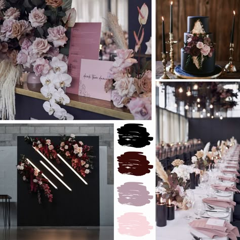 We put together this black and dusty rose mood board for a client. What do you think of the colors we used? Does it get you in the wedding mood? #WeddingColors #ColorScheme Mauve Black And Gold Wedding, Moody Dusty Rose Wedding, Moody Wedding Colors Palette, Mauve Black Wedding, Mauve And Black Wedding Theme, Black Mauve Wedding, Black Pink Wedding Theme, Maroon Mauve Black And Rose Gold Wedding, Black And Dusty Pink Wedding