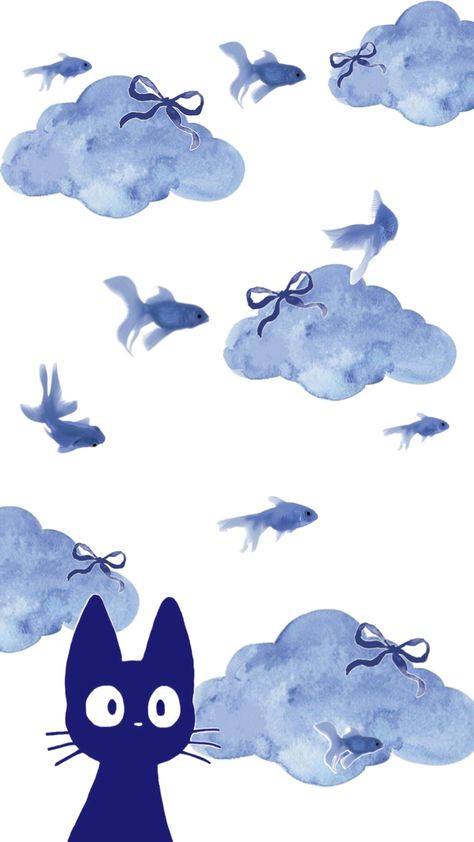 Aesthetic Doodles Wallpaper, Blue Wallpaper Ghibli, Minimal Illustration Wallpaper, Wallpaper Iphone Ghibli, Wallpaper Backgrounds Cats, Cat Blue Background, Blue Cat Wallpaper, Blue Wallpaper Lockscreen, Ghibli Wallpaper Aesthetic