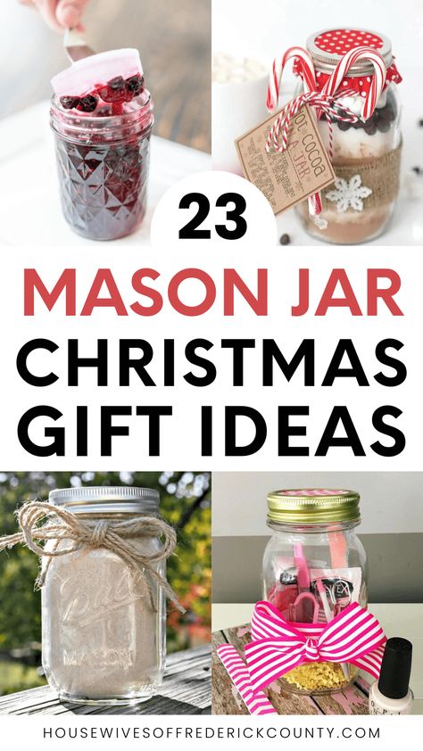 easy DIY Mason Jar Christmas Gift Ideas Christmas Gift Mason Jar Ideas, Mason Jar Present Ideas, Christmas Gift Jars Ideas Easy Diy, Mason Jar Neighbor Christmas Gifts, Hot Cocoa Jars Gift, Biscuits In A Jar Gift, Canning Jar Gift Ideas, Mason Jar Gifts For Teachers, Mason Jar Soup Mix Gifts