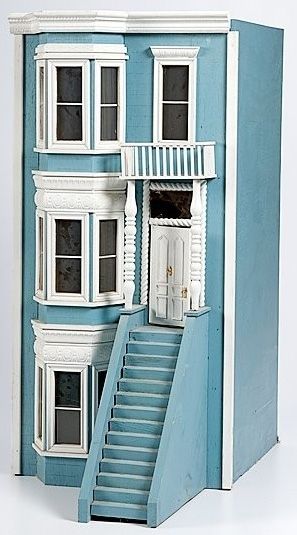 Dollhouse | American? Wood Townhouse 3-Story Bay Windows Balcony Townhouse Dollhouse, Unique Dollhouses, Diarama Ideas, Miniature Buildings, City Houses, Miniature Dollhouses, Cardboard Dollhouse, Miniature Stuff, House Balcony