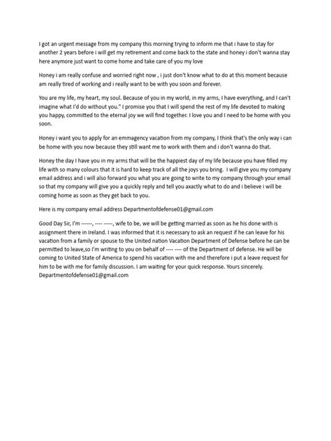 The author received a message from their company saying they need to stay for two more years before retirement, but they want to retire early to be with their loved one at home. They ask their loved one to apply for an emergency vacation on their behalf in hopes the company will allow them to come home sooner. The author provides their work email for their loved one to contact their company and request the emergency vacation. Vacation Billing Fmt, Vacation Format Billing, Vacation Billing Format For Client, Vacation Format For Client, Love Texts For Her, Text Conversation Starters, Quotation Format, Vacation Savings