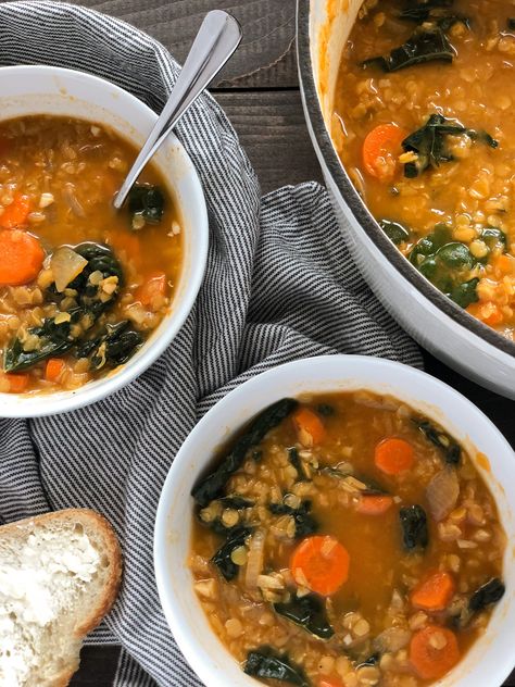 Here’s one more cozy soup recipe before the warmer weather is upon us! 🍜 Made with protein packed, fiber rich red lentils-enjoy this Easy Kale and Red Lentil soup for a simple, good for you lunch or dinner! #soup, #kale, #redlentil, #vegan, #feedfeed, #healthyeating, #dinnerideas Lentils And Kale Recipe, Soup Kale, Dinner Soup, Quinoa Kale, Cozy Soup, Vegetarian Chicken, Red Lentils, Kale Soup, Red Lentil Soup