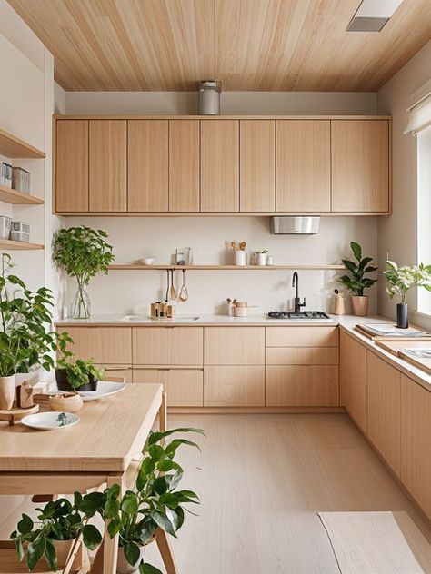 The image showcases a kitchen with a modern and minimalist design, featuring wooden cabinets and a large island. The kitchen is filled with various potted plants, adding a touch of greenery and life to the space. The countertops are clean and clutter-free, with a few bowls and cups neatly arranged. The overall atmosphere of the kitchen is bright and inviting, with natural light streaming in through the window. This design style is reminiscent of the popular Japanese and Scandinavian interior ... Light Wood Home Interior, Kitchen Small Minimalist, Kitchen Design Nordic, Stainless Steel Interior Design, Kitchen Design Japandi, Kitchen Japandi Style, Muji Kitchen Design, Japandi Cottage, Kitchen Ideas Wooden