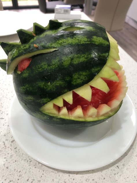 Watermelon Dinosaur, Dinosaur Watermelon, Carved Watermelon, Watermelon Carving, Cut Watermelon, Watermelon, Food And Drink, Carving, Birthday Party