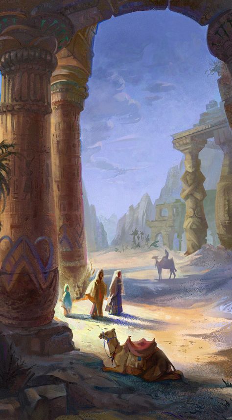 Egyptian Landscape Art, Arabian Landscape, Egyptian Landscape, Tiktok Aesthetics, Egyptian Painting, Dnd Inspiration, African Paintings, Sketchbook Tour, Ancient Egypt Art