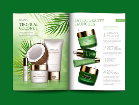 Skincare Magazine Ad, Cosmetic Catalogue Design, Cosmetics Catalogue, Cosmetic Brochure, Cosmetic Magazine, Product Magazine, Green Tea Skin, Leaflet Template, Glossier Cosmetics