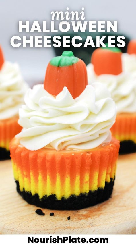 Candy Corn Mini Cheesecakes Candy Corn Cheesecake, Halloween Cheesecake Cups, Diy Halloween Desserts, Holidays Desserts, Cheesecake Minis, Halloween Cheesecake, Candy Pumpkins, Fun Halloween Desserts, Creative Treats