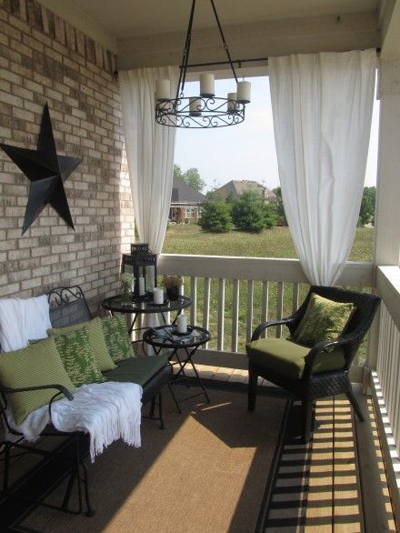 Love the idea of making a porch like another room of your house. I'd live out here in the summer.. Porch Curtains, Porch Sitting, Small Porches, Outside Living, Front Porch Decorating, Outdoor Curtains, Decks And Porches, The Porch, Porch Patio