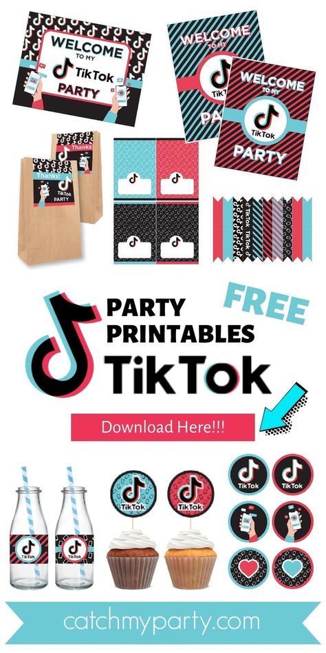 Tiktok Party, Boutique Patisserie, Printable Decorations, Food Cards, Straw Flags, Birthday Party Printables, Free Baby Shower, Welcome Signs, Party Printables Free